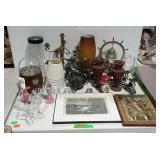 Large decor group, candleholders, pictures, brass