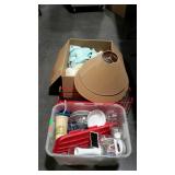 Misc - tote & boxm, metal rack, dishware, lamp