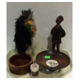Decor, two wooden bowls, wooden man statue, and