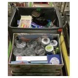 Crafts items, two boxes with ribbons, stamps,