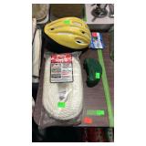 Bike helmet unused, poly rope, and fishing bait