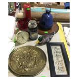 Decor group lot, brass tray, duck decoy, candles