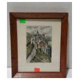 Print - castle scene, pencil signed, framed - 12 x