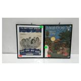 Two framed sheet music color graphics - 12 x 15