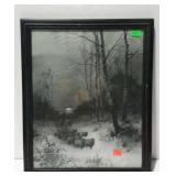 Print - Sheep herd moonlight stroll scene, framed-