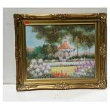 Painting on canvas - Garden gazebo scene, gilt