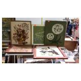 Wall decor group lot - five framed, needle work,