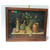 Print, wine & fruit still life scene, framed -