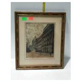 Print, city street scene, pencil signed, framed -