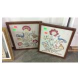 2 Needlework pictures, floral bird scenes, framed-