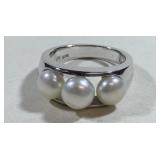 3 Stone Sterling Silver Pearl Ring Size 7 7.1