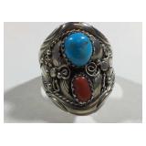 Heavy Turquoise & Coral Sterling Silver Ring w/