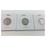 Three Buffalo Nickels, 1920, 1935, 1937