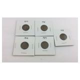 Five Early Date Wheat Cents, 1914, 1916, 1917,
