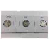 Three Silver Mercury Dimes, 1942, 1944 (2)