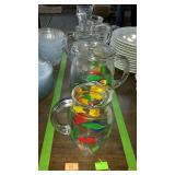 Four Glass Beverage Pitchers, 3 fruit painted