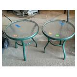 Two patio green frame side stands glass tops,