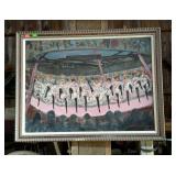 Framed oil paint on canvas of dancing girls,