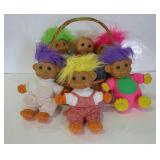 Troll dolls, six total with a basket