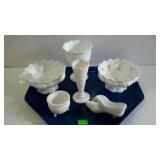 Milk glass group to include Fenton boot and