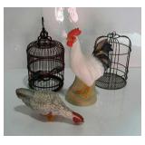 Roosters and birdcages, one rooster is a shelf