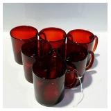 Ruby red glass mugs, six total