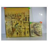 Two oils on canvas, street scenes in gold frames.