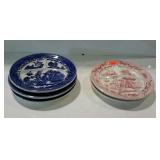 Divided Dinner Plates, 3 blue and white, 2 pink