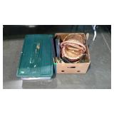 Box lot misc basket, vase, storage tote, etc