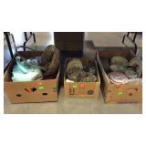 Group, three boxes dishes, glassware, basket, CD