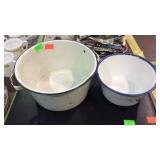 Enamelware - one double handled white & black pot,
