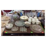 Group - cake plate, crystal goblets, wine carafe,