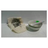 Pestle, bowl and fabric smoked ham bag.