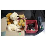 Group lot: box of stuffed animals, milk crate and