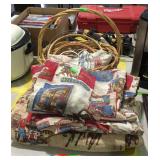Misc- wicker basket, embroider hoops, misc linens,