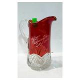 Souvenir ware, ruby & clear - 7" pitcher, etched