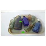 Bottles & two insulators - three cobalt, one