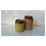 Stoneware - two brown over tan crocks - 6" and 8"
