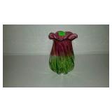 Art glass vase - 7-1/2" tall, pink & green