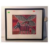 Cloth picture, tribal animal scene, framed &