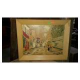 Picture, village street scene, dated 1931, framed