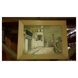 Picture, village street scene, dated 1922, framed