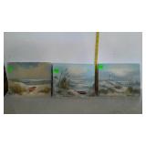 Three canvas paintings, sea shore & lighthouse