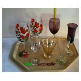 Glass - two floral painted stemware goblets, two