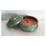 Early vanity dish, metal fish with lid and has