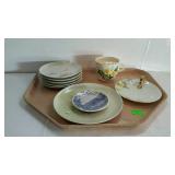Misc painted china pieces, cake plates, mustache