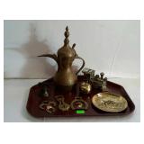Trinket decor lit, brass tea pot, apple weight,