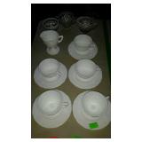 5 Milk glass tea cups and saucers, pedestal