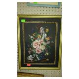 Needlepoint wall art, floral still life, framed -