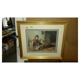 Print, boy & girl with rabbits scene, framed and